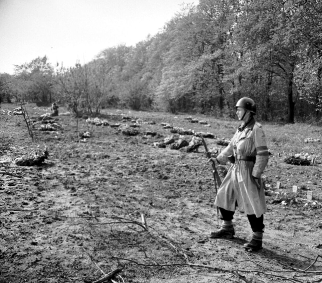 Efter befrielsen i maj 1945 fandt man 202 lig på det militære øvelsesareal i Ryvangen. Det var her, tyskerne henrettede danske modstandsfolk. På billedet herover står en modstandsmand vagt ved gravene. Området blev senere indrettet som Mindelunden (billedet th), som blev officielt indviet den 5. maj 1950. Foto: Scanpix