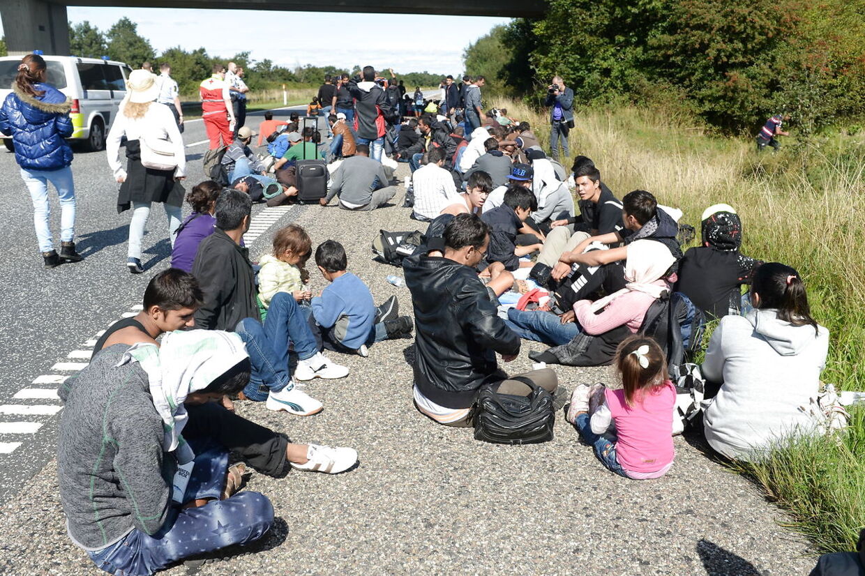  Vandrende flygtninge på den sønderjyske motorvej E45 9. september 2015.