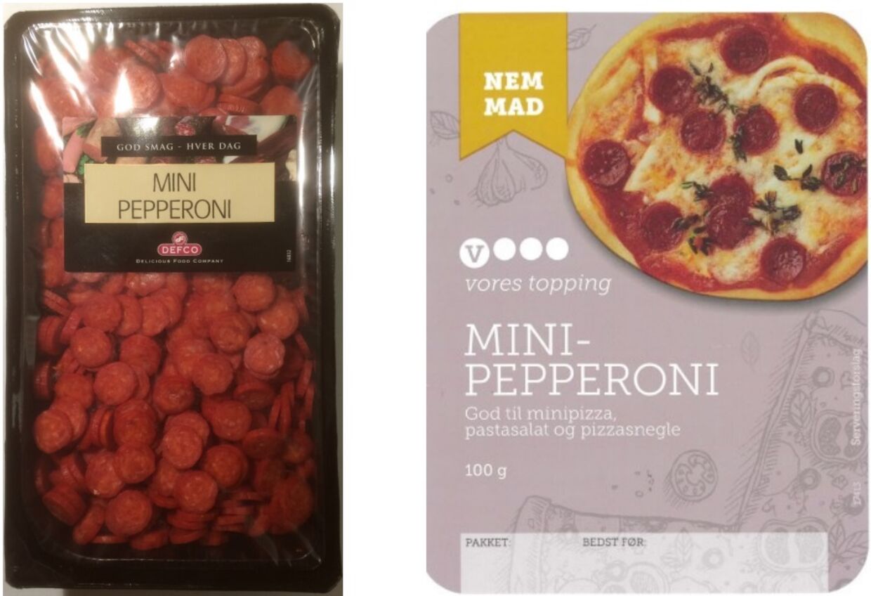 Det er disse to typer pepperoni, som Fødevarestyrelsen nu tilbagekalder på grund af fund af metalstykker. 