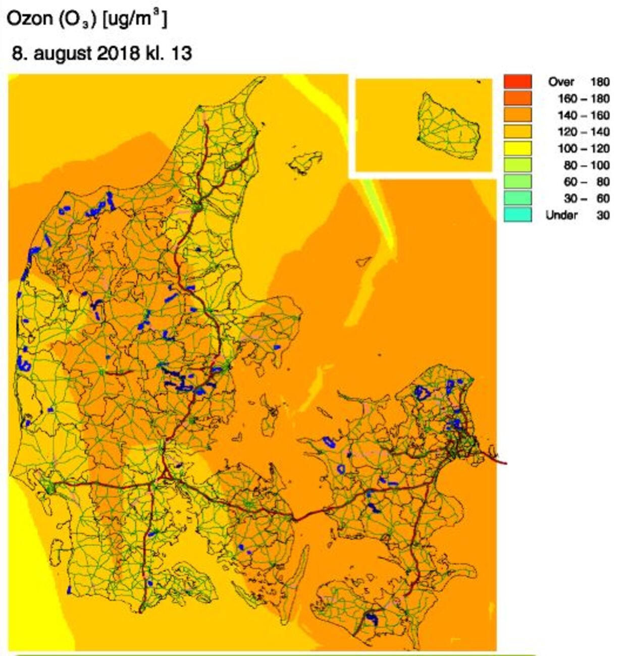 Sådan ser prognosen for ozonforurening over Danmark ud onsdag den 8. august klokken 13.