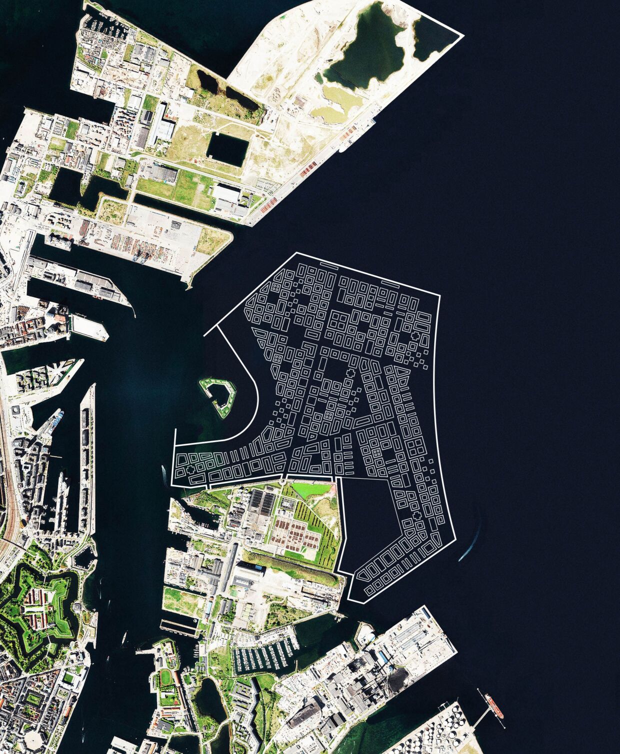 Grafik af, hvordan den kunstige ø Lynetteholmen kommer til at se ud, når den om 50 år står færdig.