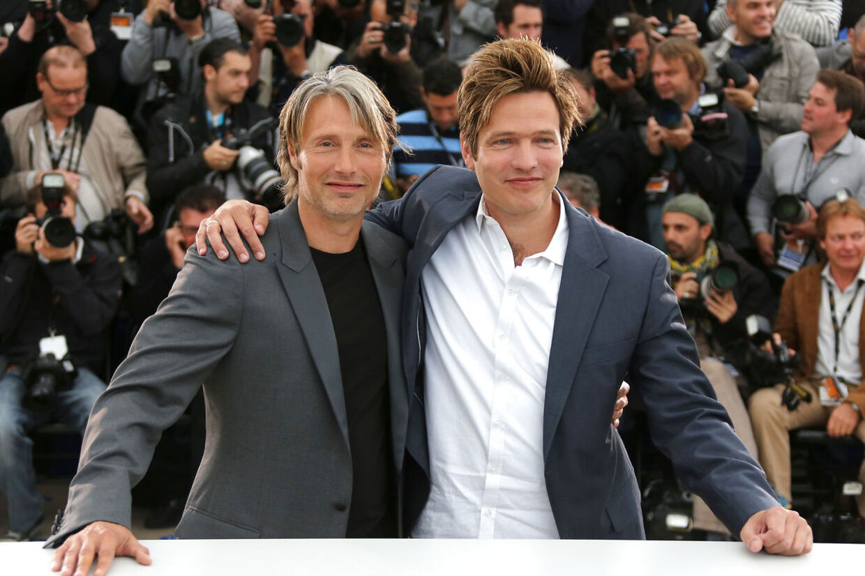 Mads Mikkelsen og Thomas Vinterberg under filmfestivalen i Cannes med filmen Jagten i 2012.