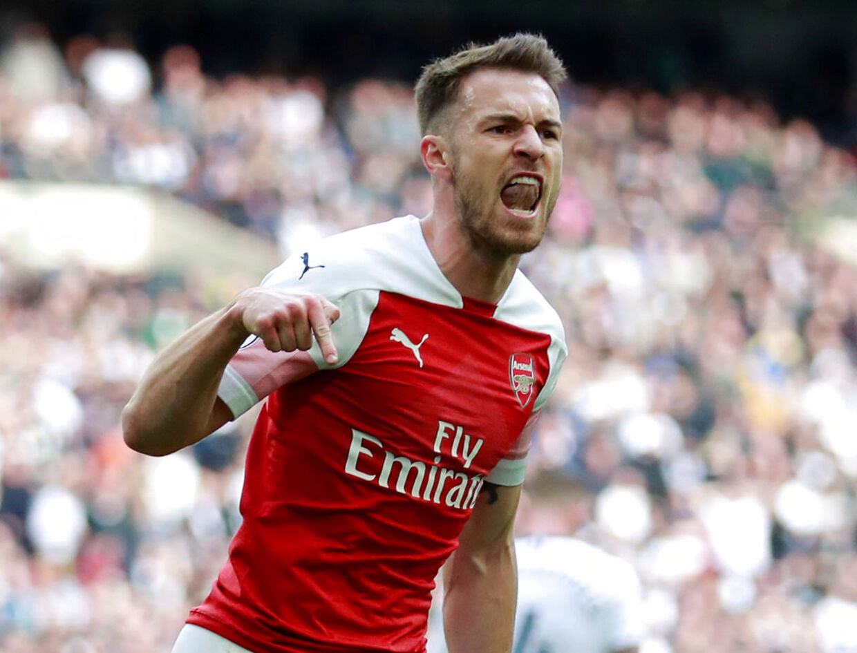 Soccer Football - Premier League - Tottenham Hotspur v Arsenal - Wembley Stadium, London, Britain - March 2, 2019 Arsenal's Aaron Ramsey celebrates scoring their first goal Action Images via Reuters/Andrew Couldridge EDITORIAL USE ONLY.No use with unauthorized audio, video, data, fixture lists, club/league logos or "live" services. Online in-match use limited to 75 images, no video emulation.No use in betting, games or single club/league/player publications. Please contact your account representative for further details.