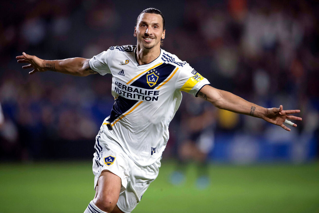 Sep 15, 2019; Carson, CA, USA; LA Galaxy forward Zlatan Ibrahimovic (9) celebrates a goal during the second half against Sporting Kansas City at StubHub Center. Mandatory Credit: Kelvin Kuo-USA TODAY Sports TPX IMAGES OF THE DAY