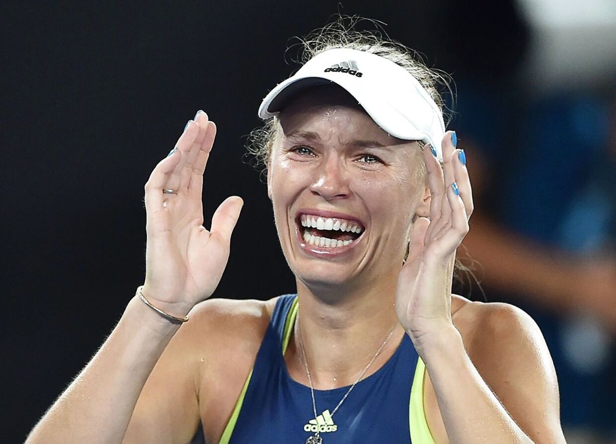 Sådan reagerede Caroline Wozniacki, efter hun havde vundet matchbolden mod Simona Halep i Australian Open-finalen i 2018.