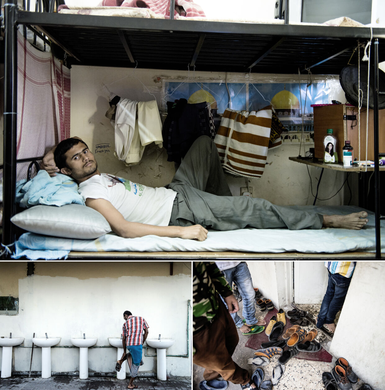 På et værelse på ca. 20 m2, med 12 senge, er det begrænset med privatliv. Mohammed ligger i sin seng. Men udover soveplads, skal der også være plads til alle hans egendele.
