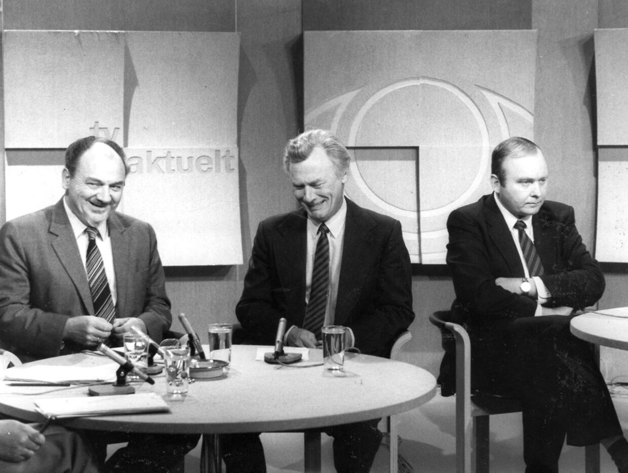 Henning Christophersen (th.), Anker Jørgensen og Poul Schlüter i debat i programmet 'Aktuelt', 1982.