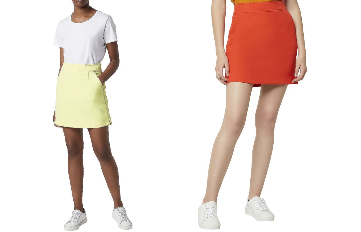Hvis du har sneakers på i afdæmpede farver, så kan en farverig nederdel give en god kontrast. 