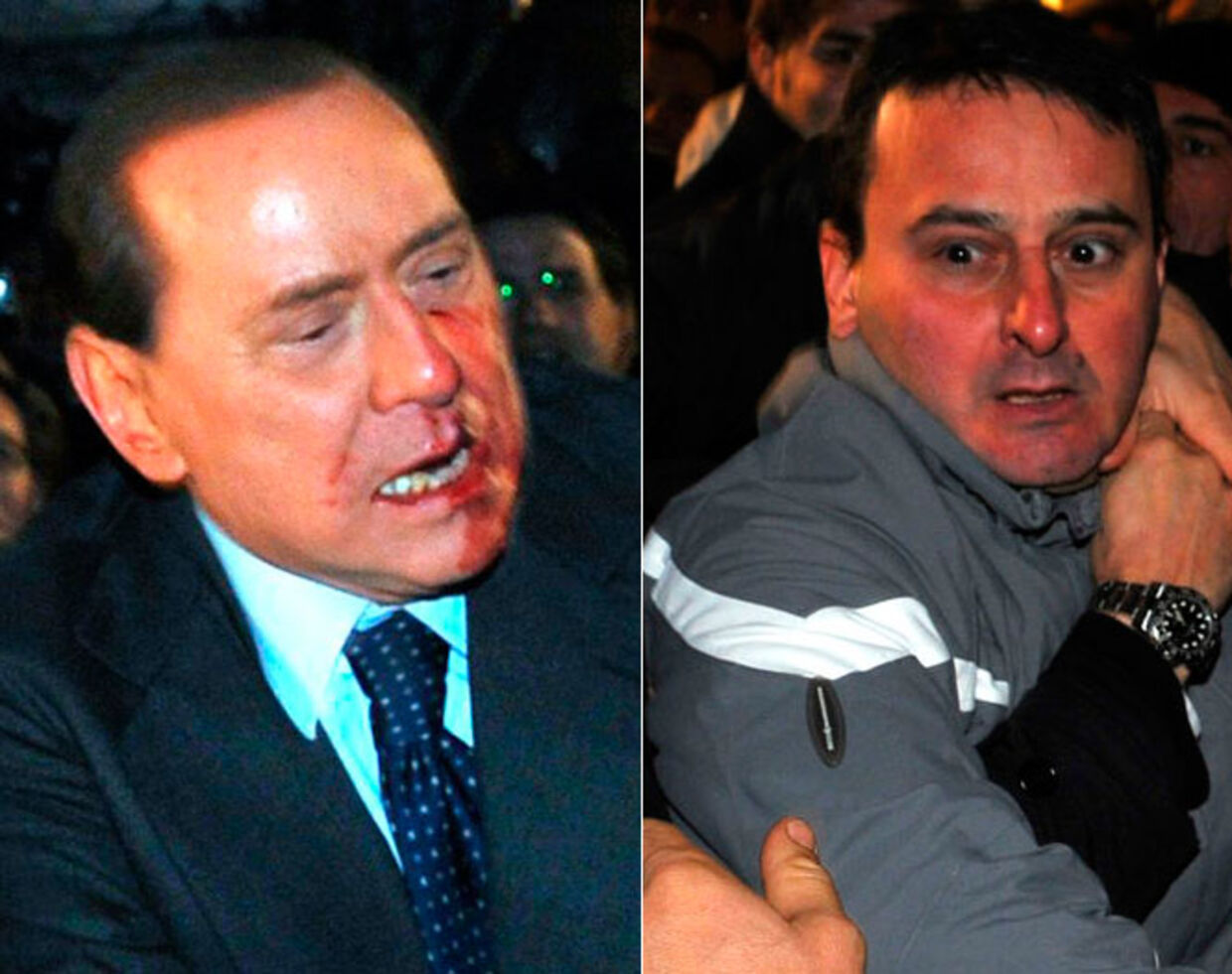 Gerningsmanden, den 42-årige Massimo Tartaglia (th.), blev omgående anholdt. Han slog angiveligt to tænder ud på premierministeren.