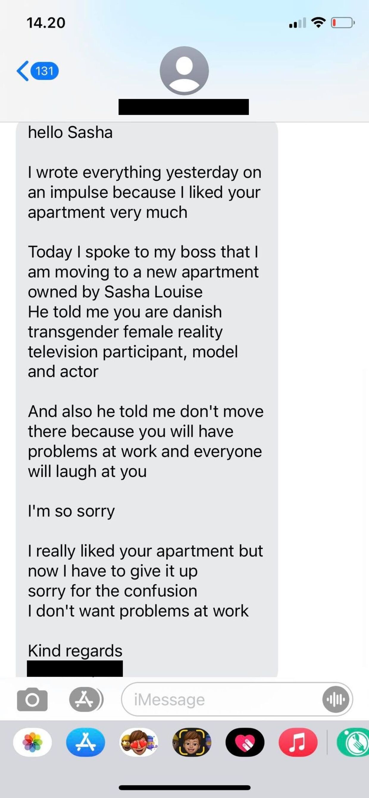 Sasha modtog denne besked fra en potentiel lejer, der mente han ville blive til grin på arbejde, hvis han flyttede ind hos Sasha. Foto: Privatfoto