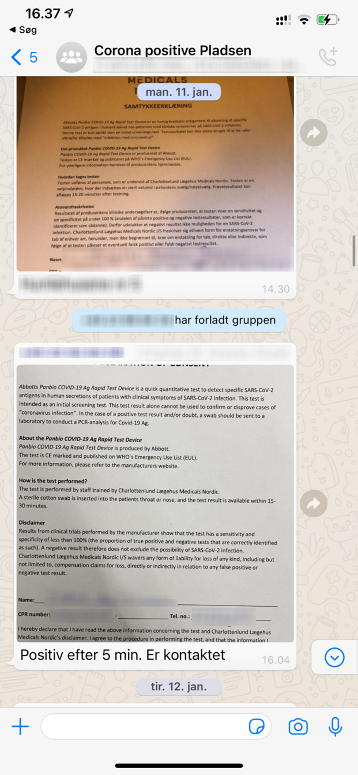 Billede af samtykkeerklæringer, der er lagt op i Whatsapp-gruppen, som B.T.s kilde er en del af. Den har 182 medlemmer.