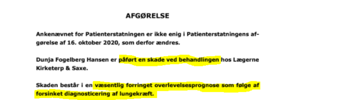DOKUMENTATION: Her ses Ankenævnet for Patienterstatningens afgørelse, der nu slår fast, at kræftsyge Dunja Fogelberg Hansen blev påført en skade ved behandlingen hos Lægerne Kirketerp og Saxe på Amager. 