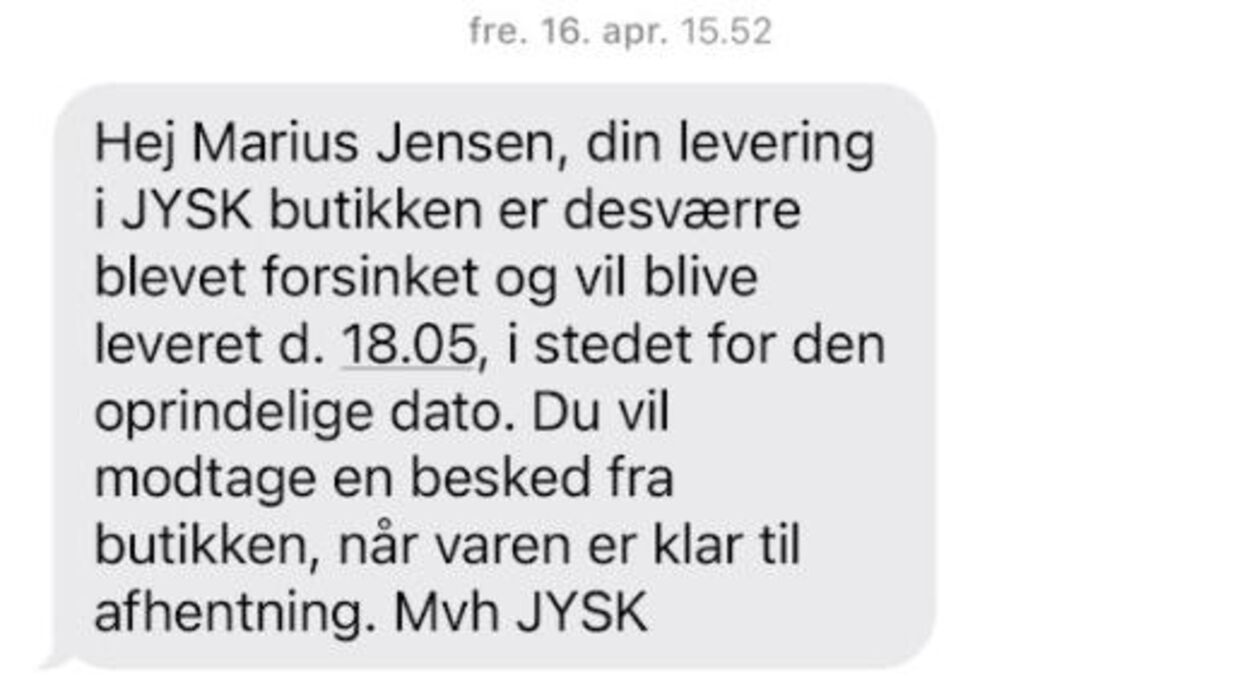 Marius Jensen forstår ikke, hvorfor butikken ikke kontakter ham og fortæller nærmere om forsinkelsen, frem for at sende ham SMS'er eller mails. Foto: Screendump