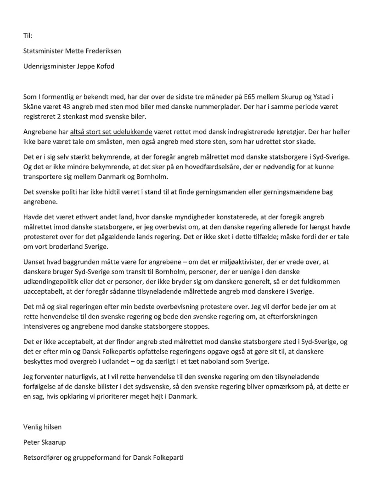 Peter Skaarups brev til Jeppe Kofod og Mette Frederiksen.