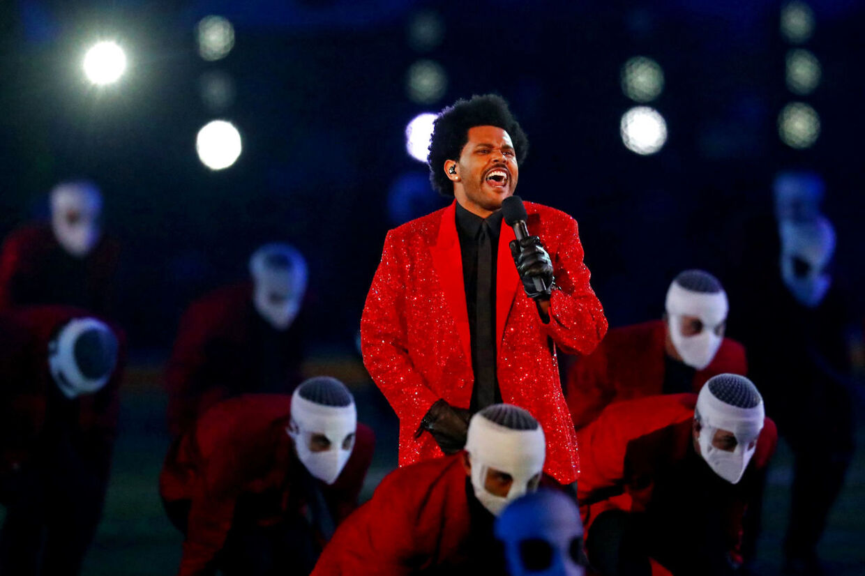 Feb 7, 2021; Tampa, FL, USA; The Weeknd performs during the Super Bowl Halftime Show in Super Bowl LV at Raymond James Stadium. Mandatory Credit: Mark J. Rebilas-USA TODAY Sports