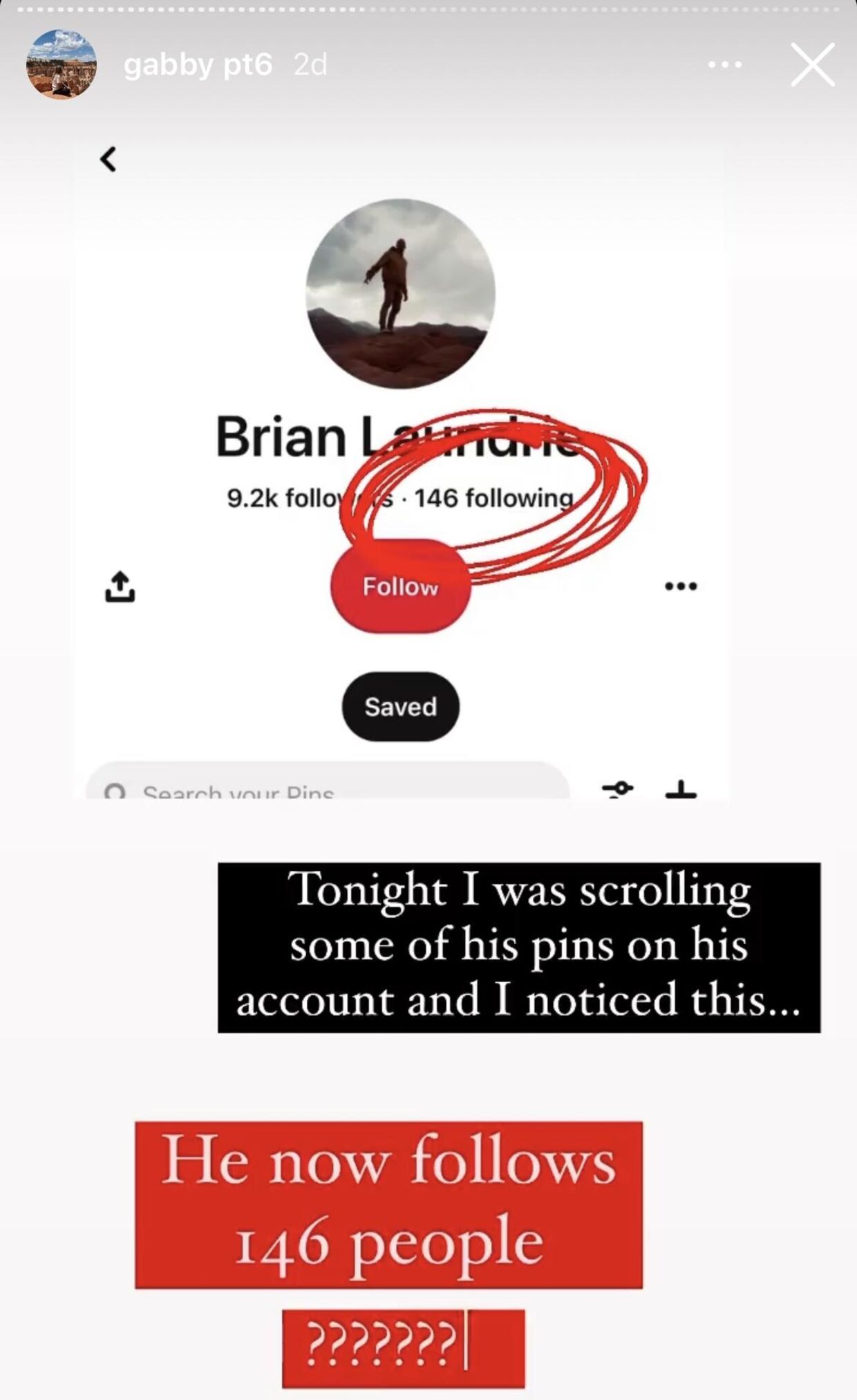 »I aften rullede jeg nogle af hans pins på hans konto, og jeg lagde mærke til dette ... Han følger nu 146 mennesker.« står der. Foto: @Shanahdodge på Instagram.