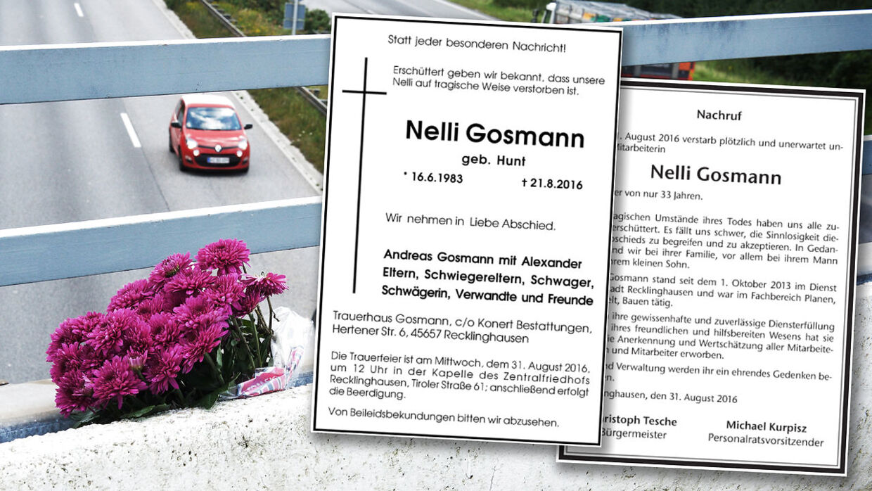 Blomsterhilsen ved motorvejen, hvor 33-årige Nelli Gosmann fra Tyskland blev dræbt og dødsannoncer fra tyske medier.