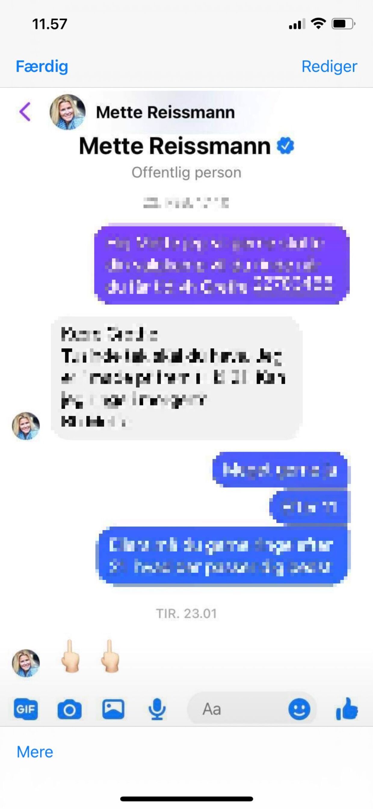 Her kan du se, hvordan Mette Reissmann pludselig sendte to fuckfinger-emojis tirsdag aften til en følger. Det har vist sig, at hun er blevet hacket.