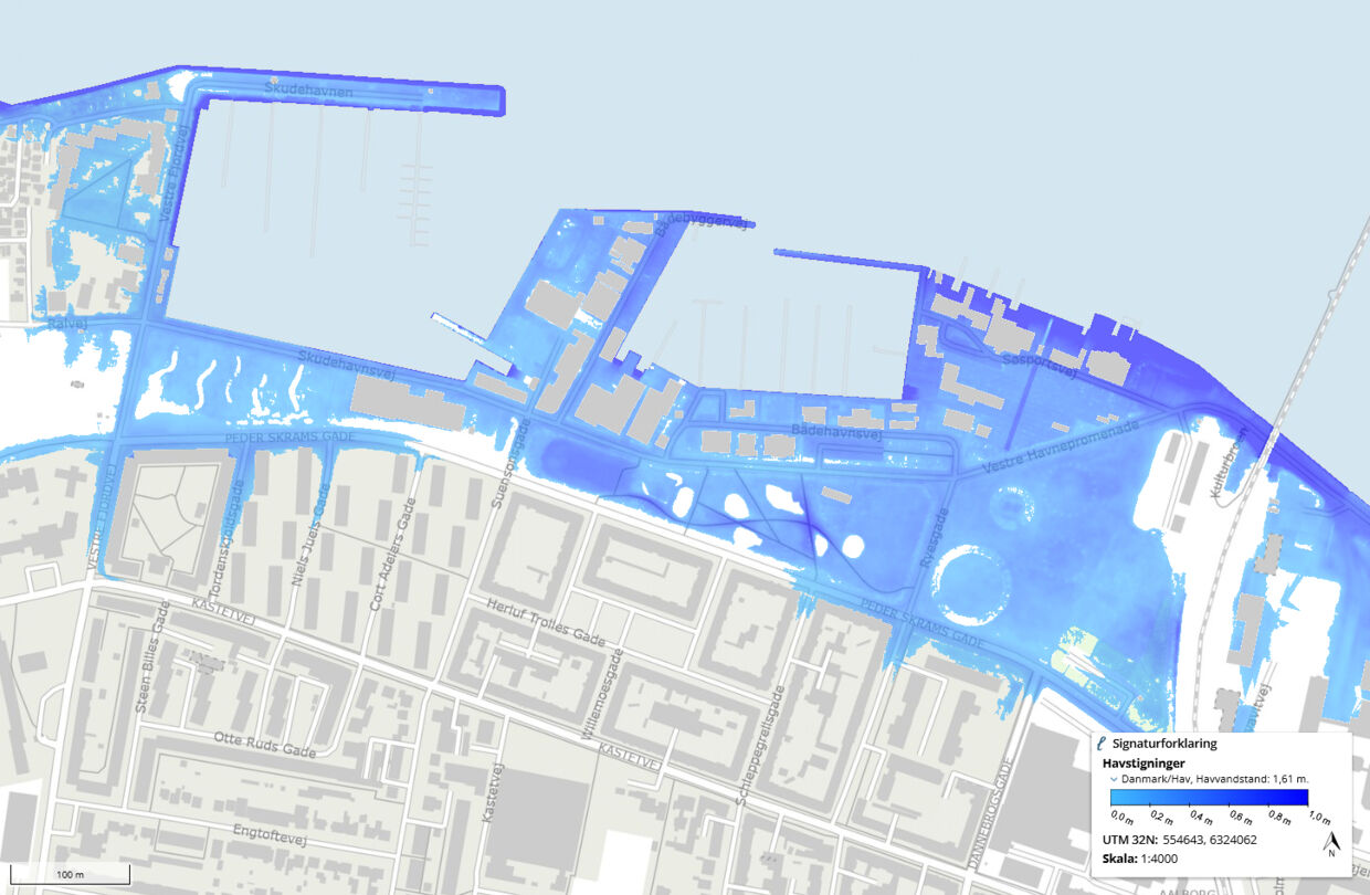Aalborg Kommune forudsigelse af, hvordan vandstanden uden indgreb vil påvirke havnefronten. Foto: Aalborg Kommune
