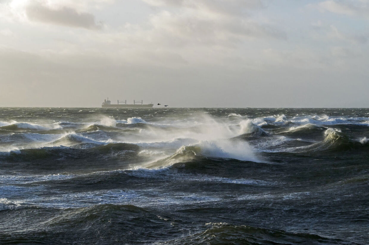 Fragtskib sejler i bølger i Storebælt ud for Røsnæs ved årets første storm 2019