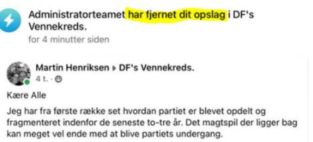 Dokumentation: Her skriver 'administratorteam' bag 'DF's vennekreds', at Martin Henriksens indlæg er fjernet. 