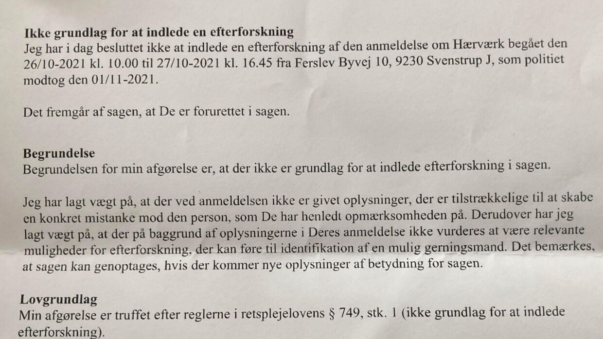 Her er den afgørelse, Ole Risager fik fra Nordjyllands Politi, da han anmeldte sagen.
