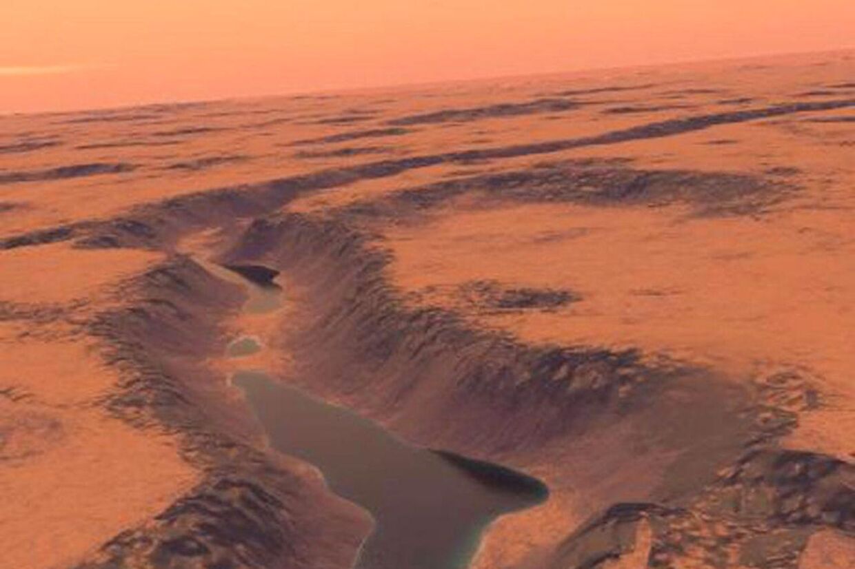 Dette er en rekonstruktion af Mars' overflade, som den måske så ud for 3,4 milliarder år siden, hvor vand kunne have været i flydende form.