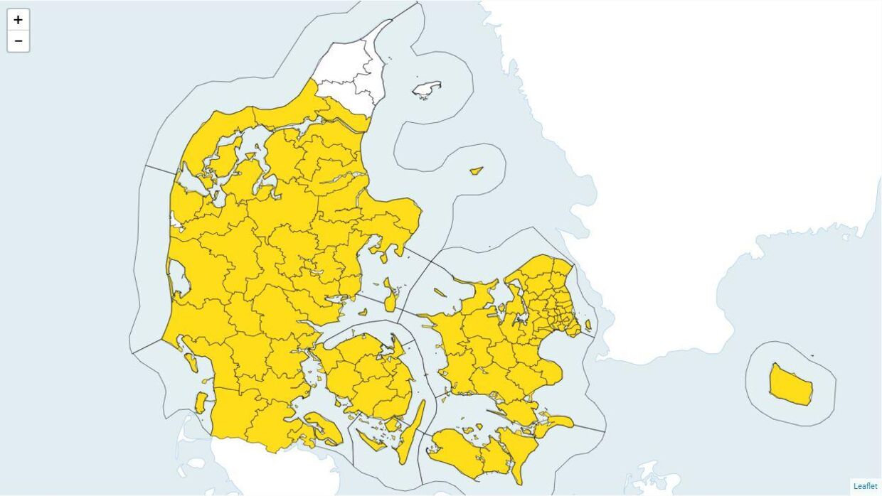 De gule områder på kortet viser, hvor DMI forventer, at vinden kan påvirke dine omgivelser og udendørsaktiviteter.