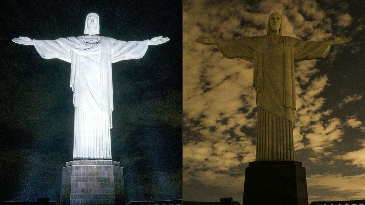 Lyset på Kristusstatuen i Rio de Jeneiro har tidligere været en del af begivenheden. Her ses den med og uden lys 25. marts 2017.