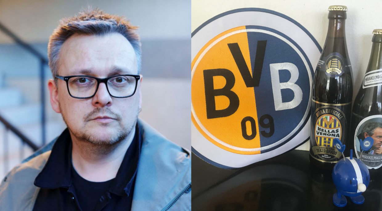 Musikeren Christian Juncker er stor OB-fan - og også fan af Dortmund - og har fået broderet et 'rygmærke', der forener de to klubber. 