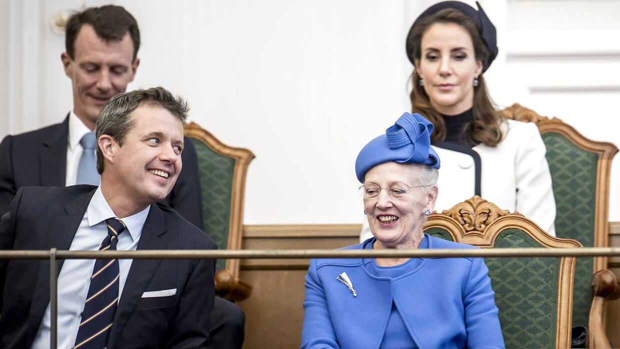 Kronprins Frederik, prins Joachim, dronning Margrethe og prinsesse Marie under folketingets åbning på Christiansborg i 2018.
