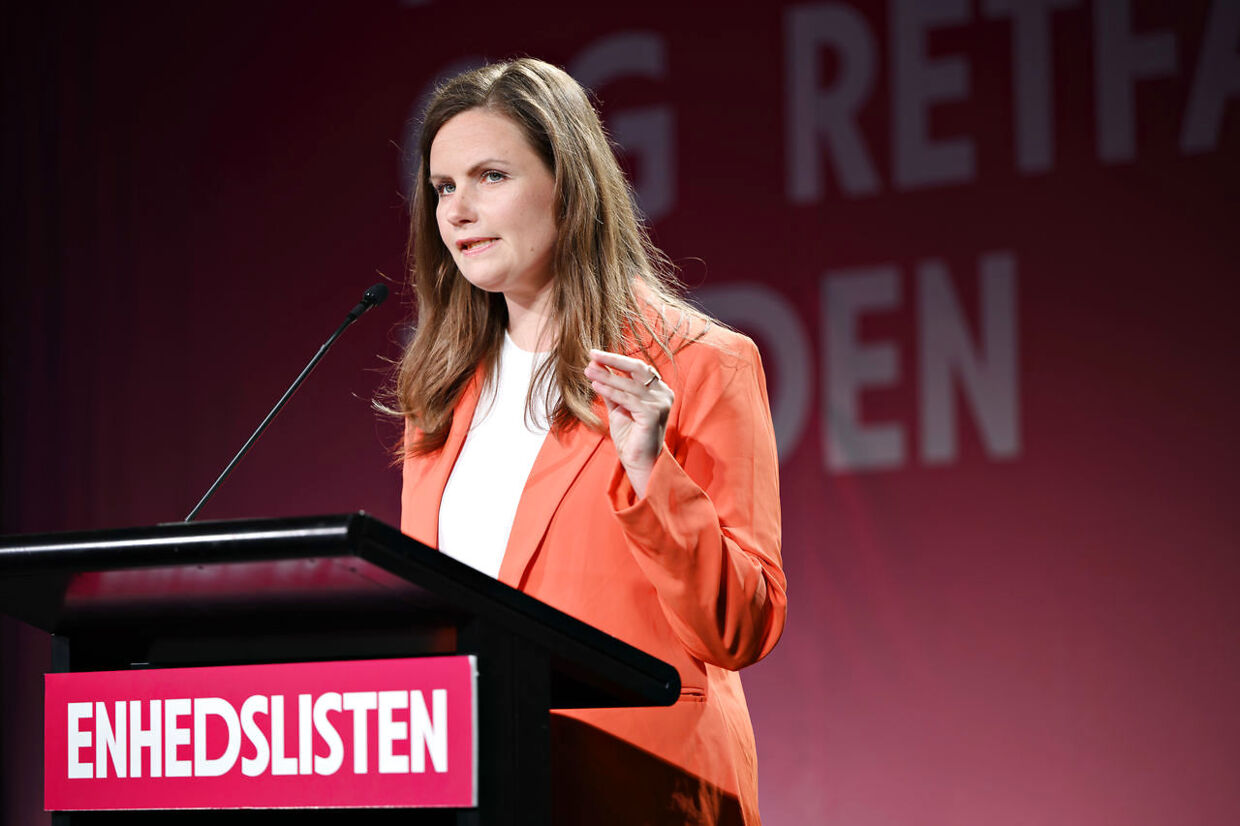 Mai Villadsen holder sin tale som politisk ordfører under Enhedslisten holder årsmøde i Hafnia-Hallen i København, fredag 13. maj 2022.