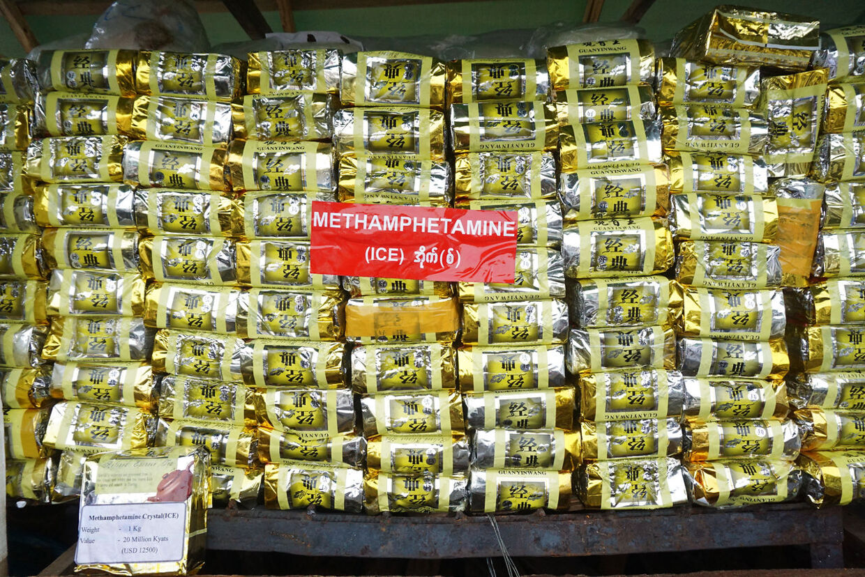 A stack of illegal methamphetamine is pictured before being set on fire during a destruction ceremony to mark the United Nations' "International Day against Drug Abuse and Illicit Trafficking" in Yangon on June 26, 2021.  STR / AFP