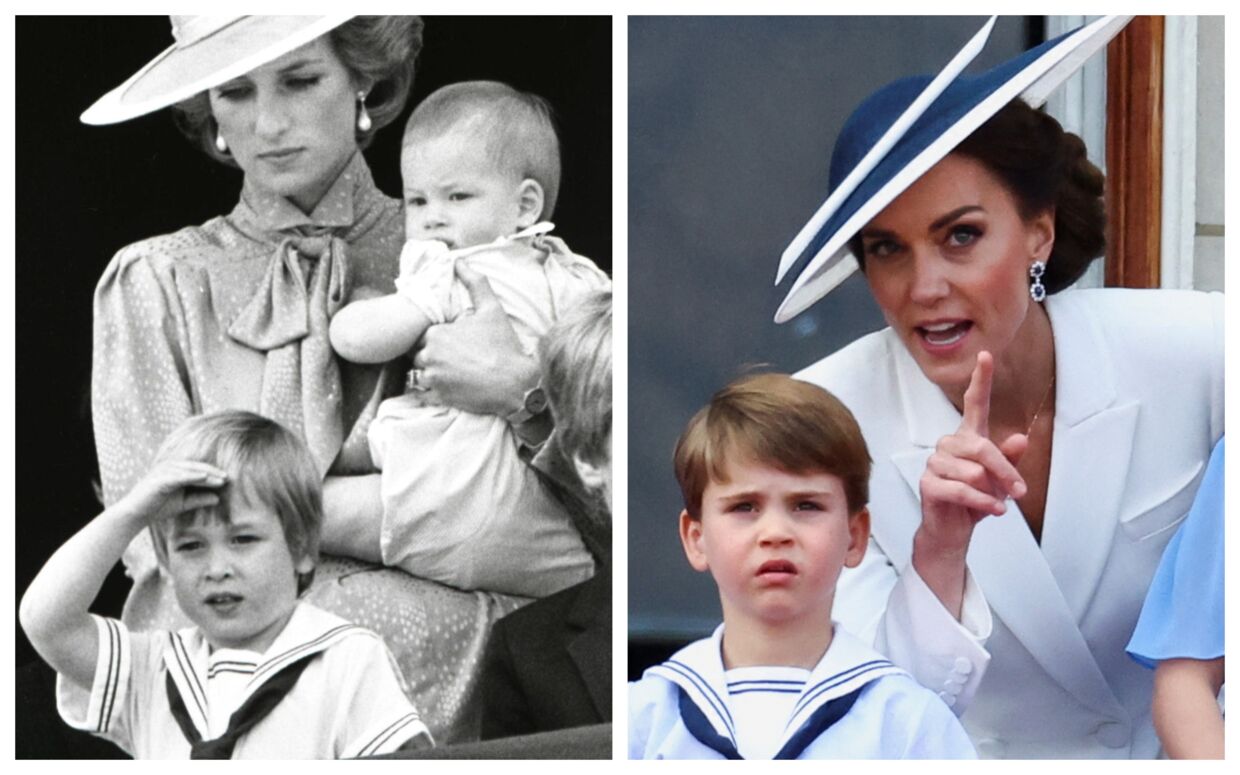 Prince William overværer Trooping the Colour fra balkonen i 1985 sammen med sin bror, prins Harry, og mor, prinsesse Diana. Til højre ses hans søn i samme situation i år.