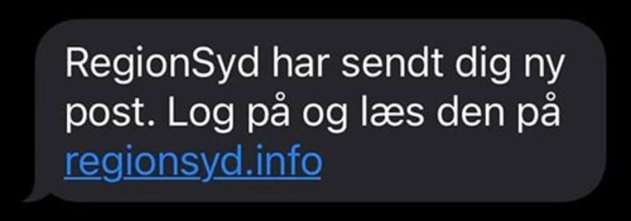 Screenshot af en af de svindel-sms'er, som borgere i Regions Syddanmark har modtaget. Foto: Regions Syddanmark