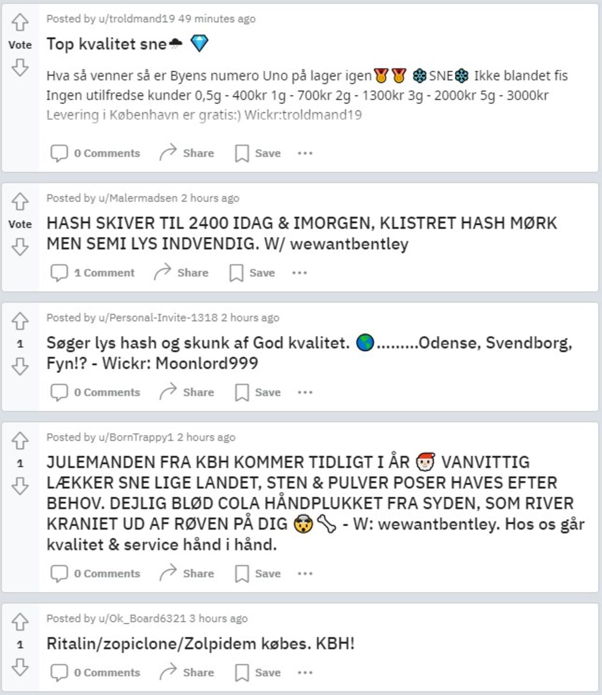 Her ses et screenshot fra Reddit-forummet, hvor narkoen sælges åbent.