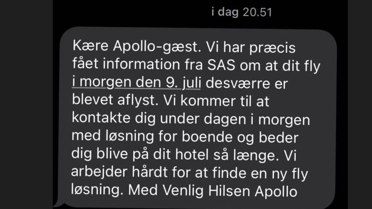 Dokumentation: Her ses den sms fra Apollo Rejser om aflyst SAS-fly, chartergæsten Stine Lehmann Jensen fik fredag aften.