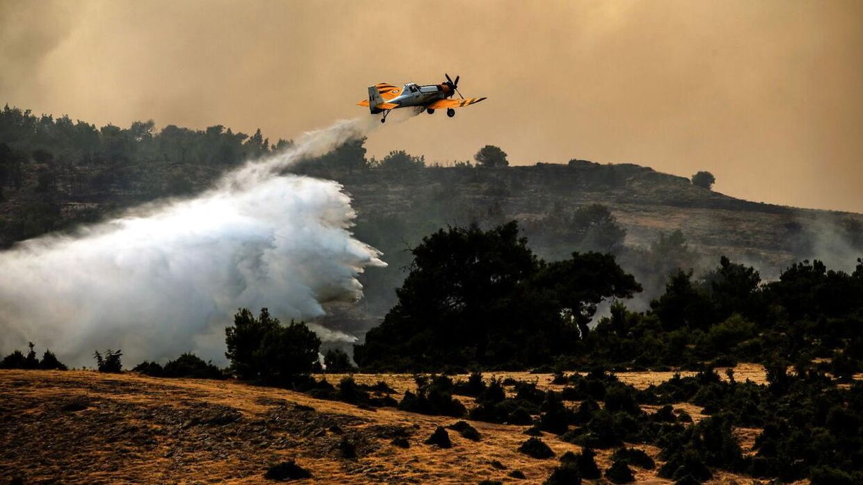 Også i Dadia kæmper de mod flammerne. Her forsøger et fly at slukke branden med vand.