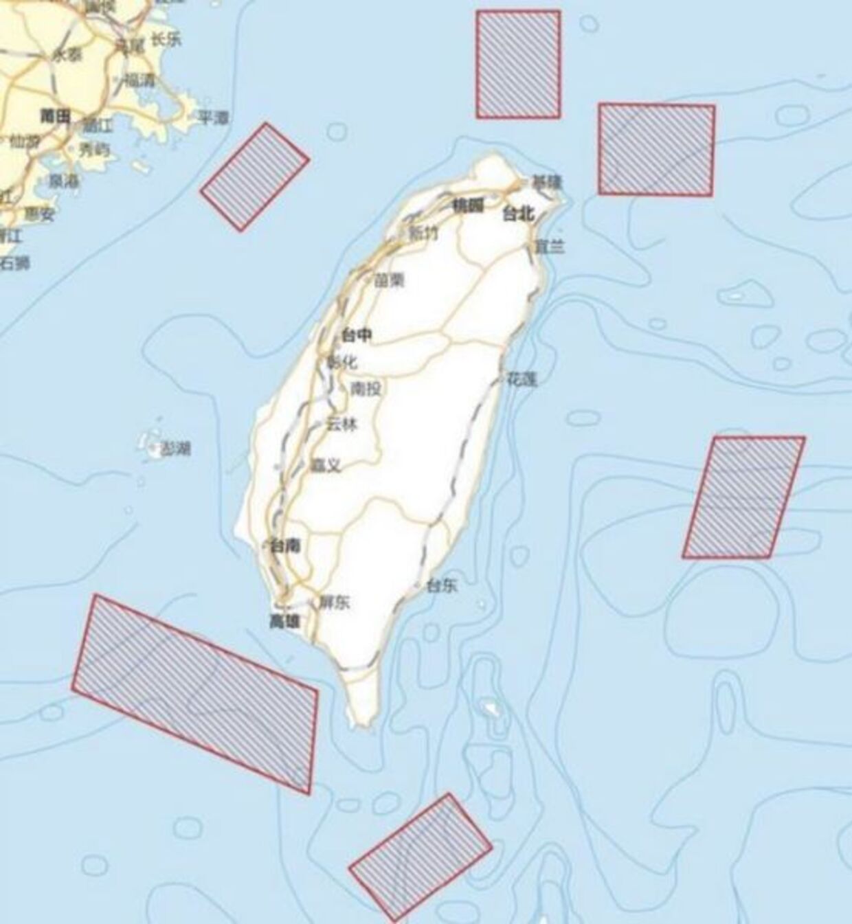 Et kort, som blandt andet Kinas statsmedie China Xinhua News har offentliggjort, viser, hvor Kina har planer at lave militærøvelser fra torsdag og frem til søndag som konsekvens af Nancy Pelosis besøg. Det er de skraverede områder rundt om Taiwan.
