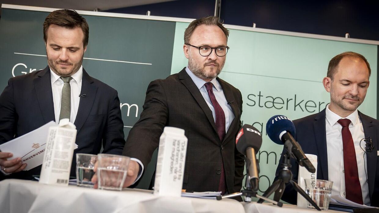 Skatteminister Jeppe Bruus, klimaminister Dan Jørgensen og erhvervsminister Simon Kollerup. (Foto: Mads Claus Rasmussen/Ritzau Scanpix)