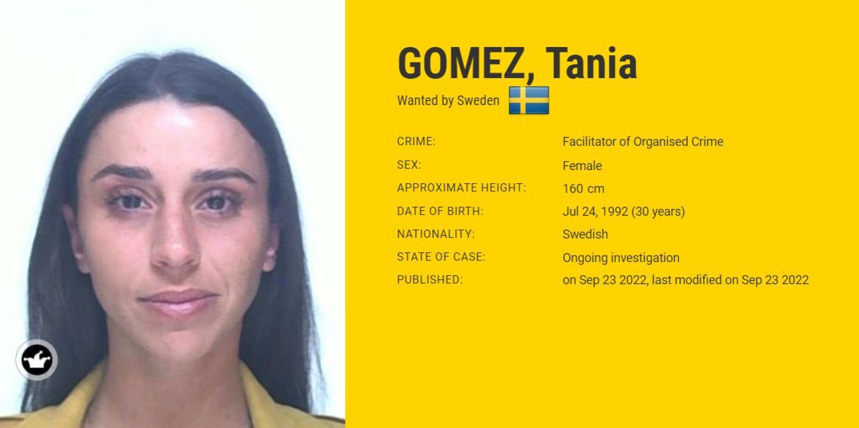 Sådan ser Europols efterlysning af Tania Gomez ud.