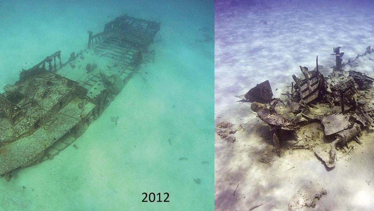 Klimaforandringerne går hårdt ud over arkæologiske levn i jorden og på havbunden. Her ses et fartøj fra Anden Verdenskrig ved Nordmarianerne i Stillehavet, som viser forfaldet over fem år.