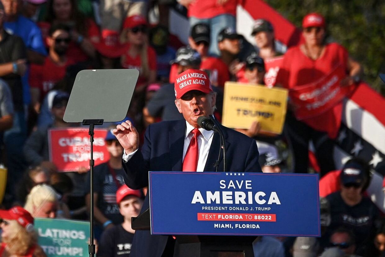 Former US President Donald Trump speaks during a "Save America" rally in support of US Senator Marco Rubio (R-FL) ahead of the midterm elections at Miami-Dade County Fair and Exposition in Miami, Florida, on November 6, 2022. (Photo by Eva Marie UZCATEGUI / AFP)