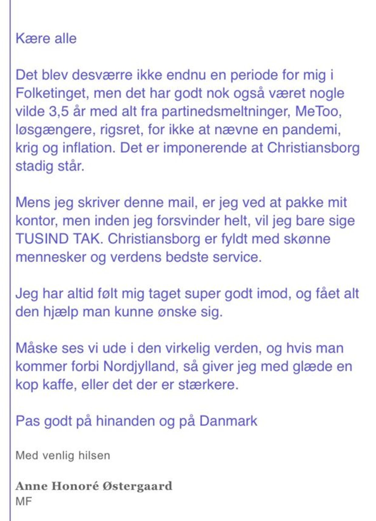 Anne Honoré Østergaards farvel-mail til sine kollegaer.