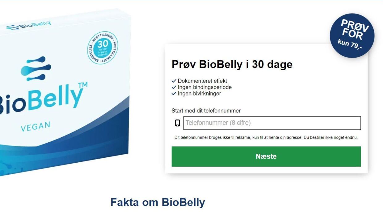 Screenshot af Norwegian Labs hjemmeside for produktet BioBelly.&nbsp; Foto: Screenshot