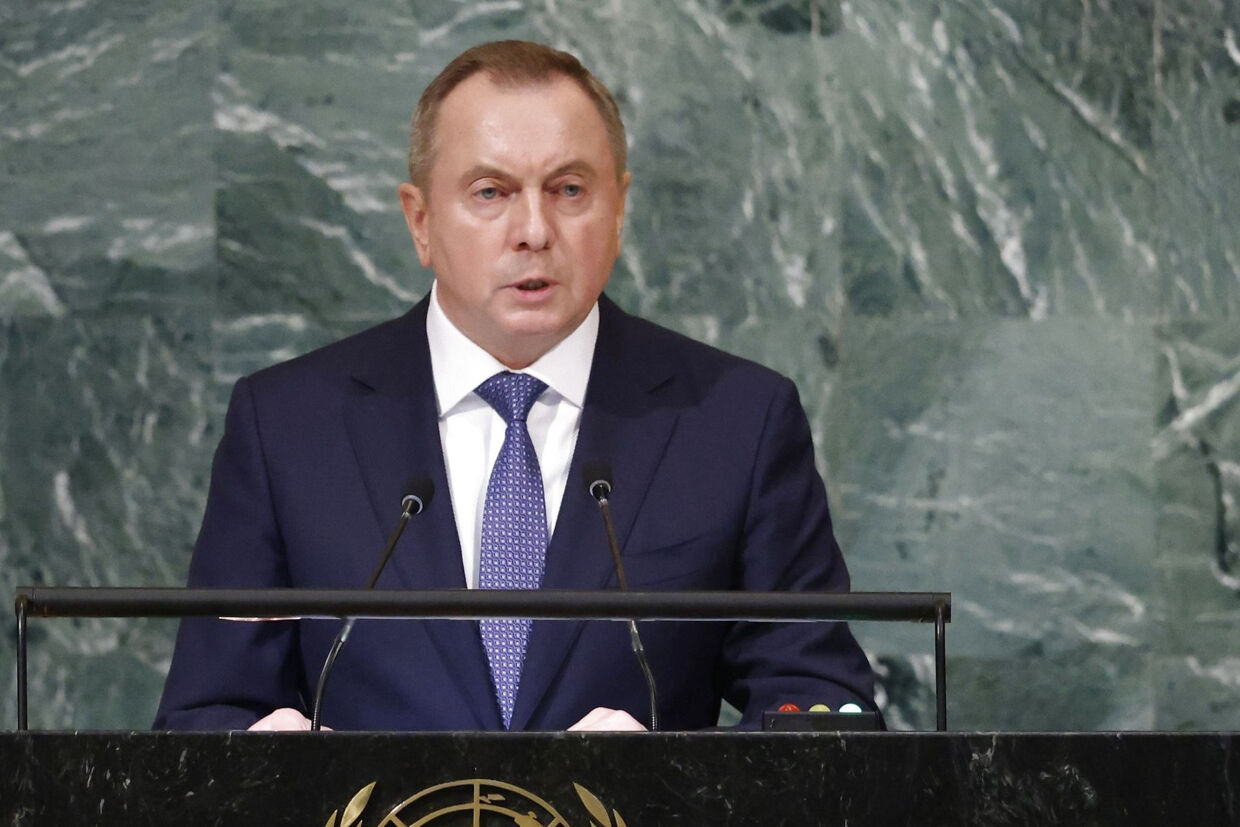 Hvideruslands udenrigsminister, Vladimir Makej, da han for to måneder siden holdt tale i FN&#039;s Generalforsamling. Han døde lørdag, men årsagen er ikke oplyst. Jason Decrow/Ritzau Scanpix