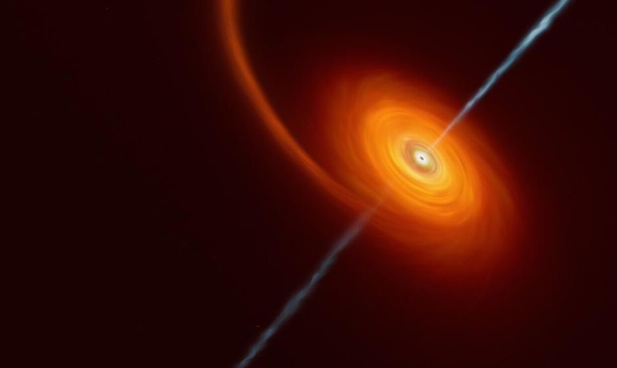 I et nyt studie beskriver forskerne et sort hul, som udgyder en strøm af partikler - en jet. Det er kun fjerde gang, forskere har opdaget det sjældne fænomen. (Illustration: ESO/M.Kornmesser)
