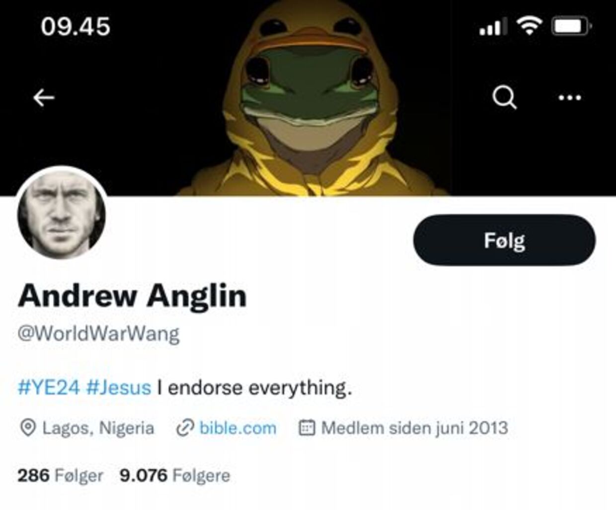 Andrew Anglins profil i denne uge. Nu med over 9.000 følgere.