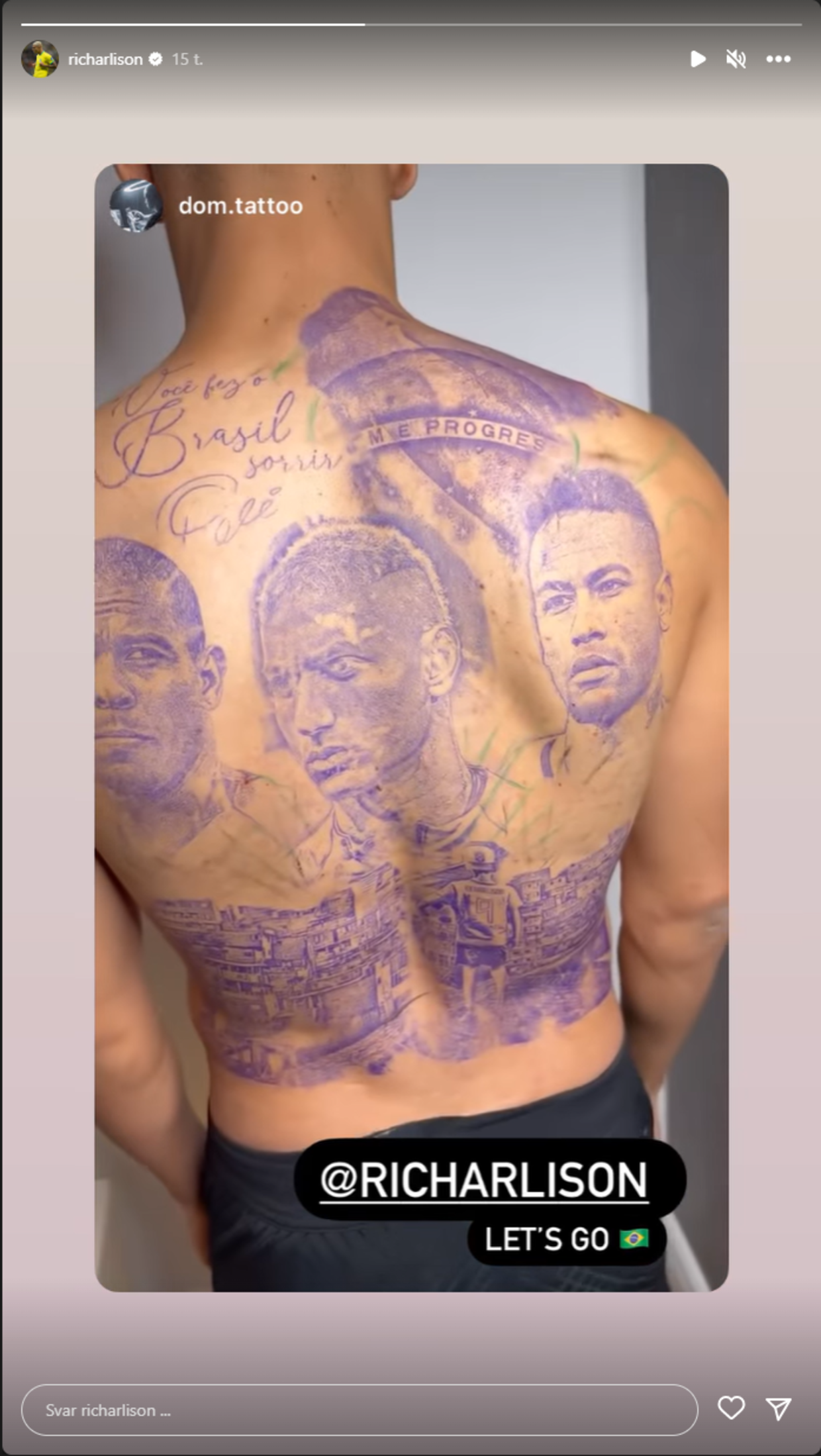 Richarlison har fået tatoveret sit eget ansigt på ryggen – side om side med Neymar og Ronaldo.