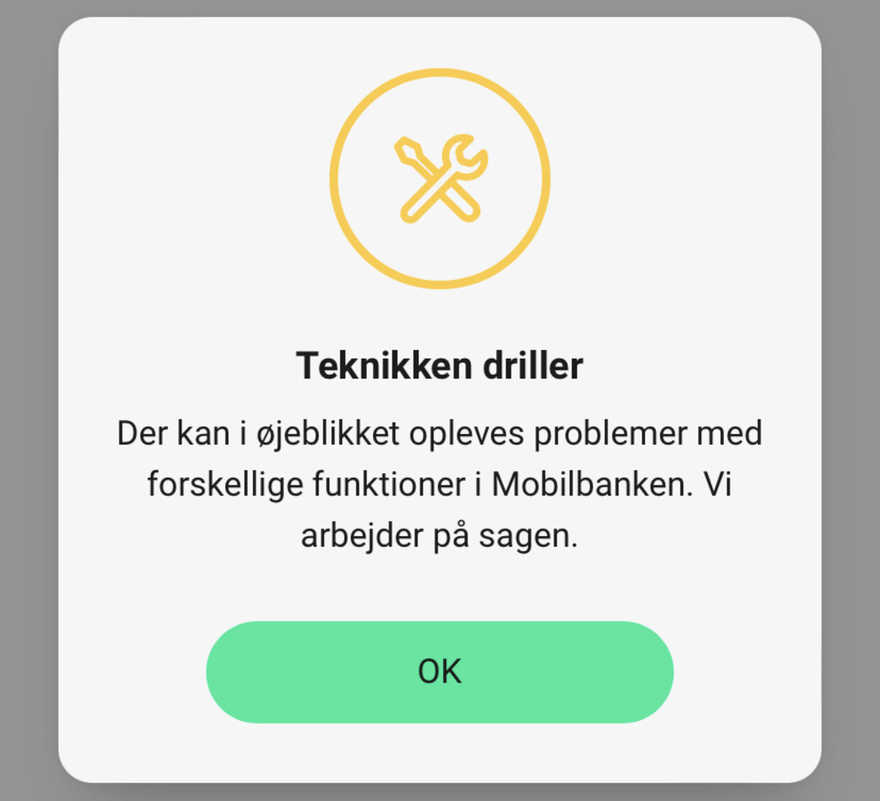 Jyske Banks mobil-app viser en fejlmeddelelse, når man logger ind.